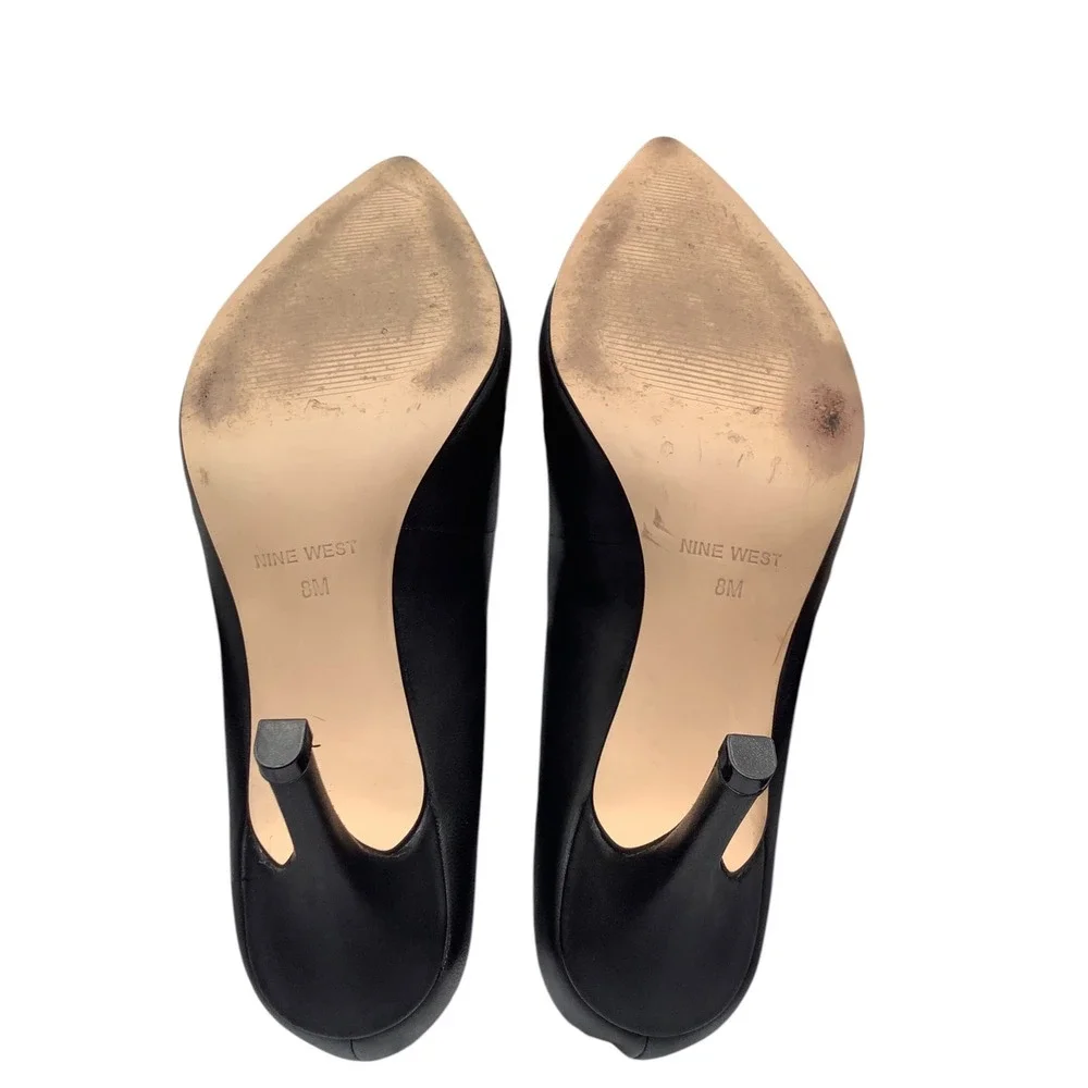 Nine West Flax Black Leather Pointed Toe Mid‎ Heel Pumps Womens 8M NWFLAX